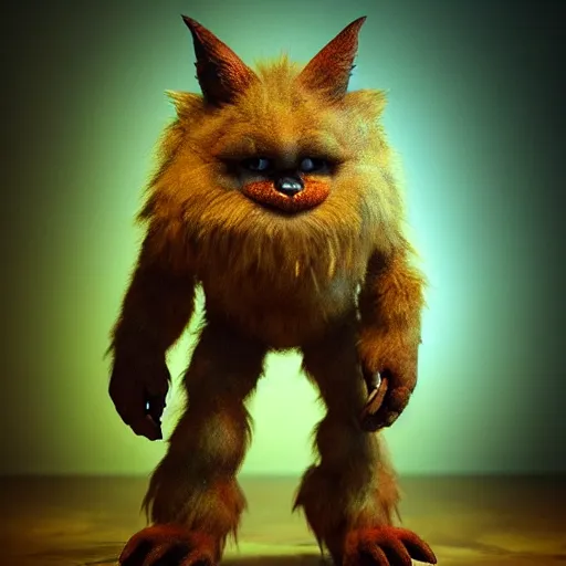 Image similar to full body pose, hyperrealistic photograph of a cute fuzzy goblin monster, dim volumetric lighting, 8 k, octane beautifully detailed render, extremely hyper detailed, intricate, epic composition, cinematic lighting, masterpiece, trending on artstation, very very detailed, stunning, hdr, smooth, sharp focus, high resolution, award, winning photo, dslr, 5 0 mm