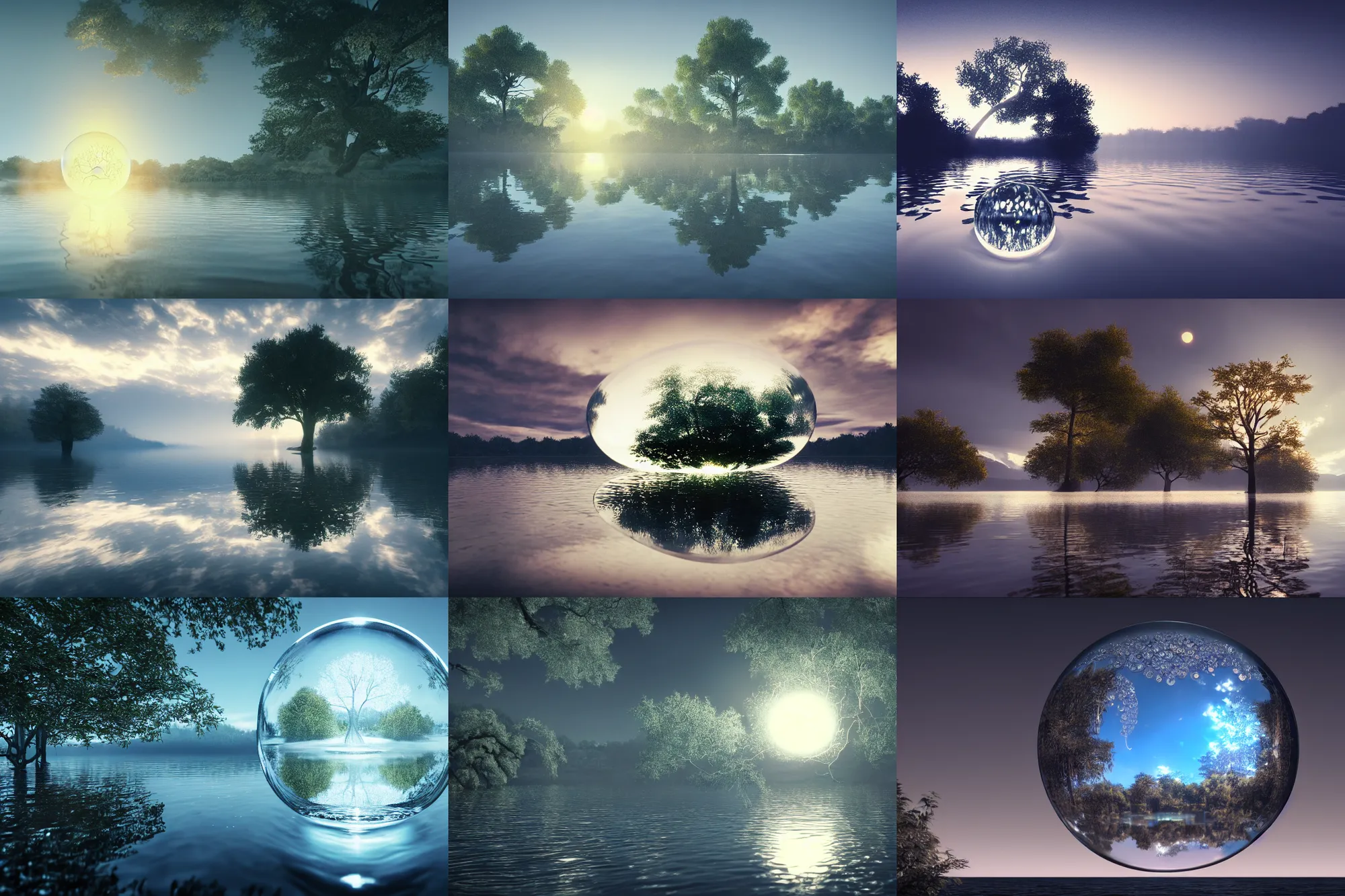 Prompt: glowing transparent crystal ball on a beautiful serene lake, ripples, tree inside the ball, intricate details, reflections on water, moody sky, hyperdetailed illustration by yoshitaka amano, artstation, unreal engine 5, low global light