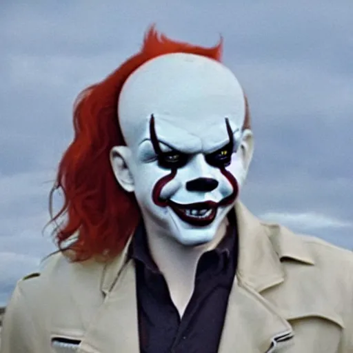 Image similar to blurry film grain still of a man wearing a leather jacket and white shirt wearing a latex pennywise mask