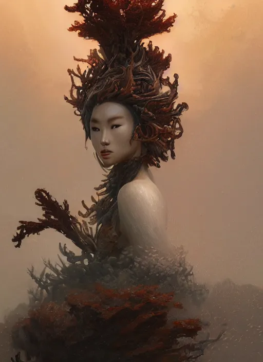 Prompt: Helmet of a forgotten Deity, ivory, copper cables, corals, plume of seaweed, extremly detailed digital painting, in the style of Fenghua Zhong and Ruan Jia and jeremy lipking and Peter Mohrbacher, mystical colors, rim light, beautiful lighting, 8k, stunning scene, raytracing, octane, trending on artstation