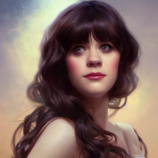 Image similar to ultra realistic illustration, zooey deschanel, intricate, elegant, highly detailed, digital painting, artstation, concept art, smooth, sharp focus, illustration, art by artgerm and greg rutkowski and alphonse mucha and wlop