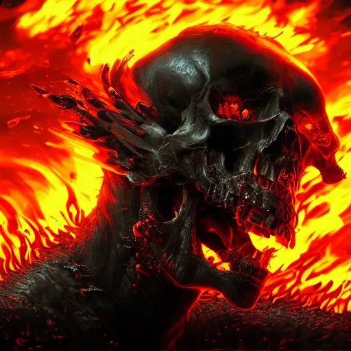 Image similar to A firey, hellish world with black ivory skeletons, dynamic lighting, cinematic, ultra detailed, creative, stunning visuals, hyperrealism, trending on art station