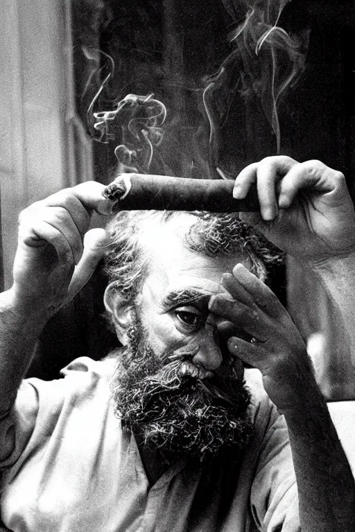 Image similar to a recent photograph of god smoking a cuban cigar by stanley kubrick