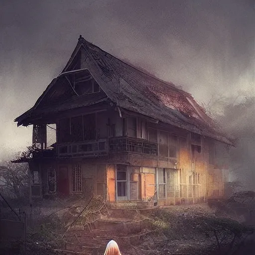 Image similar to walking around dilapidated!! abandoned ikeshima island, nagasaki, japan. volumetric lighting, foggy, spring evening, dark overcast weather, realistic illustration, perfectly shaded, ( golden hour ) soft painting, art by krenz cushart and wenjun lin