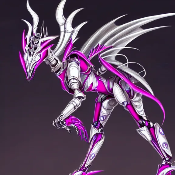 Image similar to highly detailed exquisite fanart, of a beautiful female warframe, but as an anthropomorphic elegant robot dragon, shiny white silver plated armor engraved, robot dragon head, Fuchsia skin beneath the armor, sharp claws, long tail, robot dragon hands and feet, two arms and legs, elegant pose, close-up shot, full body shot, epic cinematic shot, professional digital art, high end digital art, singular, realistic, DeviantArt, artstation, Furaffinity, 8k HD render, epic lighting, depth of field