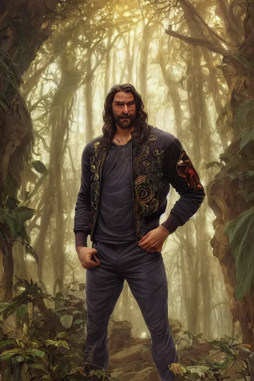 Prompt: portrait of a herculian man in a bomber - jacket, flowing hair, forest, full body, muscular, fantasy, intricate, elegant, highly detailed, digital painting, artstation, concept art, sharp focus, illustration, art by artgerm and greg rutkowski and alphonse mucha