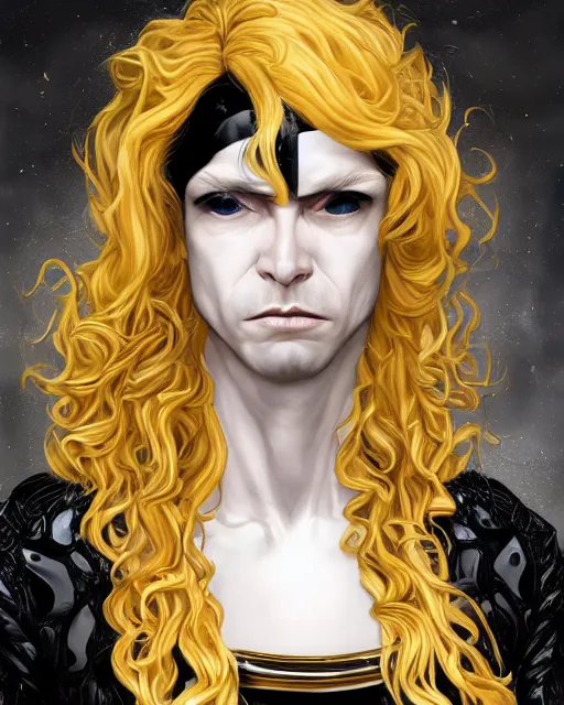 Prompt: Lucius as an androgynous albino prince in a black gilded obsidian bodysuit, long fluffy golden blonde curly hair, symmetrical center parted curtain bangs, digital painting, sci-fi setting, symmetrical features, Daniel Gerhartz, high detail intricate, artstation, WLOP, Artgerm, J. Scott Campbell; Olivia De Berardinis, Daniel Gerhartz, jack kirby, mysterious vibes