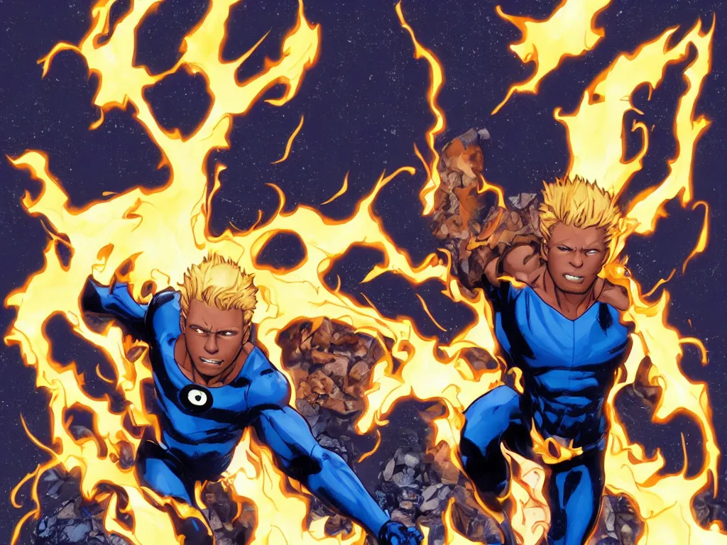 Prompt: dark skinned Johnny Storm young male superhero of the fantastic four, full body, flaming dreadlock hair, blue uniform with the number 4 on the chest in a round logo, cinematic, high detail, no imperfections, extreme realism, high detail, extremely symmetric facial features, no distortion, clean, also evil villians fighting in the background, by Stan Lee