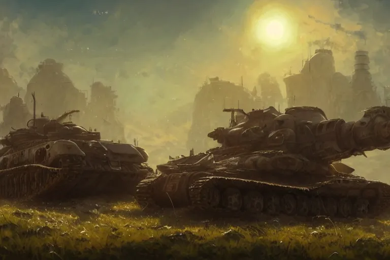 Image similar to concept art of ruined dieselpunk orcish tanks in an open field, key visual, ambient lighting, highly detailed, digital painting, artstation, concept art, sharp focus, by makoto shinkai and akihiko yoshida and hidari and wlop