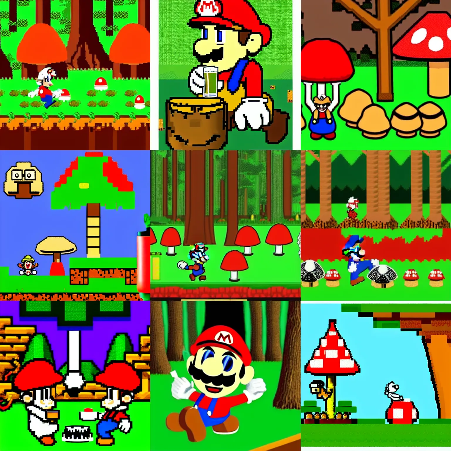 Prompt: drunk mario drinks beer in forest with mushrooms and big fly agaric, 8 bit
