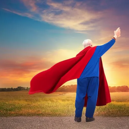 Prompt: extremely realistic elderly retired superman loose costume sad sighing alone looking at a sunset cape in the breeze