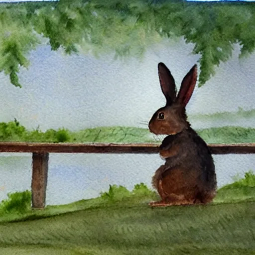 Image similar to a rabbit standing on a bridge, fishing, realistic watercolour