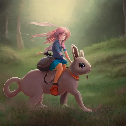 Image similar to a girl riding a giant rabbit. very detailed. digital art. in the style of miyazaki. 4 k. trending on artstation.