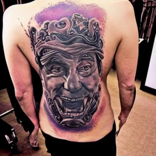 Prompt: full back tattoo of Danny devito