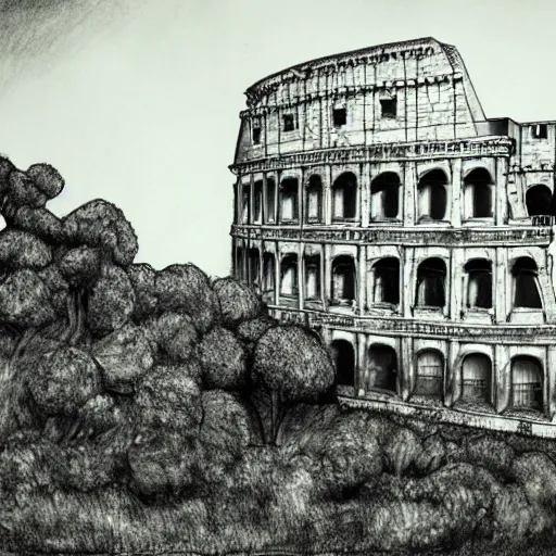 Prompt: a drawing by Ashley Wood of the colosseum of Rome invaded by vegetation, even the surrounding areas of the city are invaded by trees and vegetation, everything seems abandoned, post apocalictic.