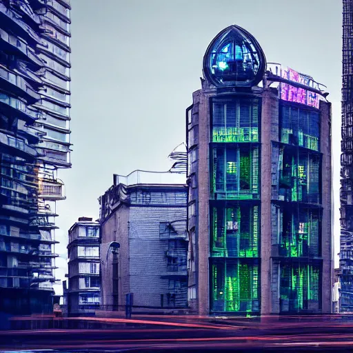 Image similar to photograph of a cyberpunk building in london