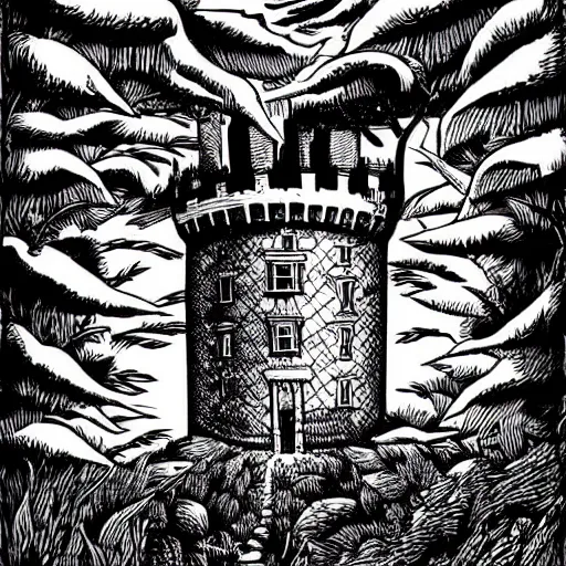 Image similar to mcbess illustration of a haunted castle in the woods, set an the end of a winding road