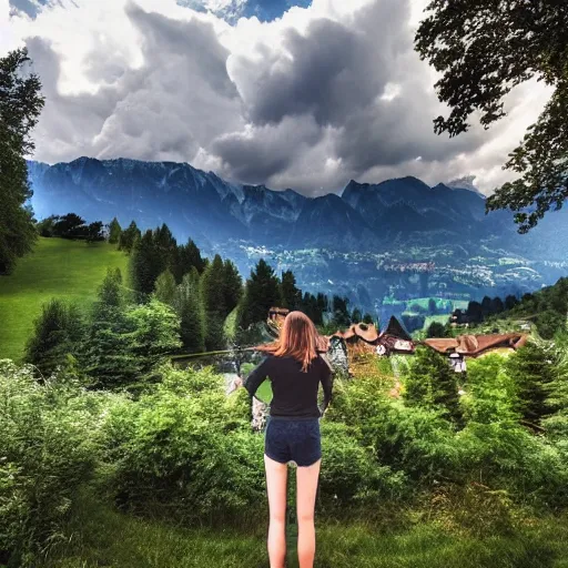 Image similar to a beautiful photograph of a girl with switzerland landscape in the background with trees, hdr, 8 k, high quality, sharp focus, artstation, highly detailed, award - winning, dramatic lighting, beautiful clouds, and nature