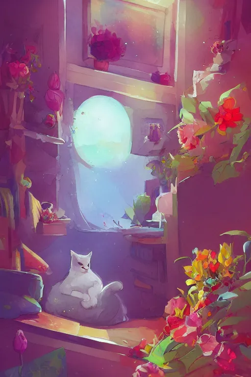 Image similar to a digital art of a cat sleeping in the room with flowers around in the afternoon, the sun shines in, storybook art, watercolor, detailed, cute, by anton fadeev, featured on artstation