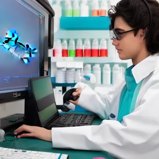 Image similar to A dolphin wearing a chemist outfit playing games on a computer