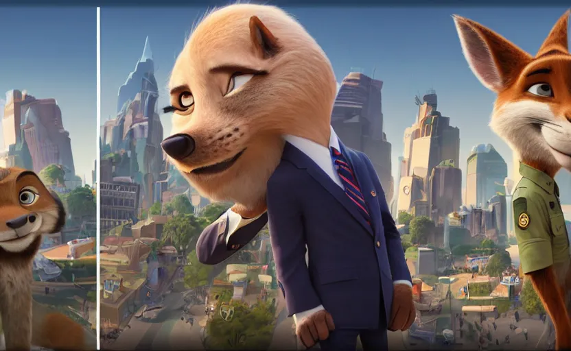 Image similar to joe biden got lost in the zootopia city, artstation hq, stylized, symmetry, modeled lighting, expressive, studio photo refined, highly detailed, hyper realistic, furry, sense of awe, zootopia style