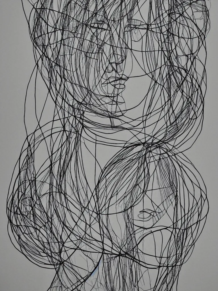 Prompt: wire art of an elegant female portrait, inspired by single line drawings from gejza schiller, the bauhaus, henri matisse.