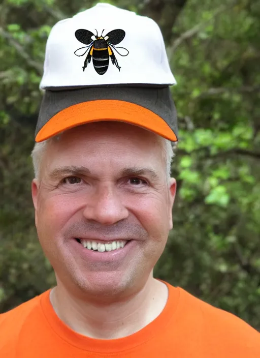 Prompt: a color photograph of an architect with short white hair, wearing an orange T shirt, a brown baseball cap with a bee on it, a lopsided wry smile on his face