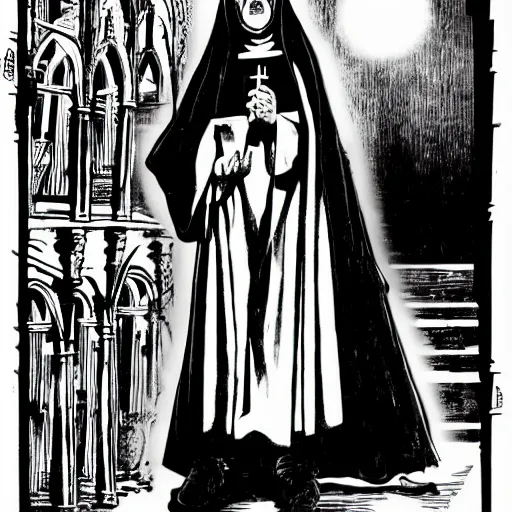 Prompt: A nun bathed in holy light, in a dusty cathedral. Aerial View, Dark Fantasy, Film Noir, Black and White. High Contrast, Mike Mignola, D&D, OSR