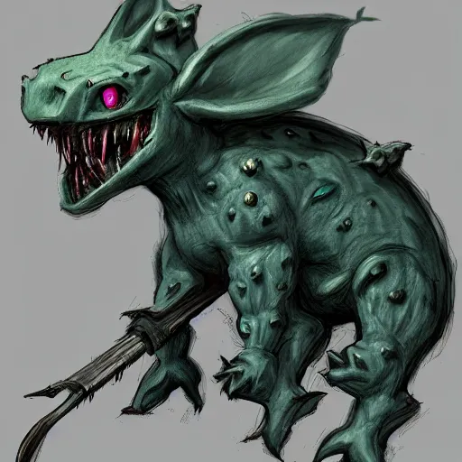 Prompt: Ivysaur in style of Bloodborne. Concept art, cosmic horror, body horror, ArtStation.