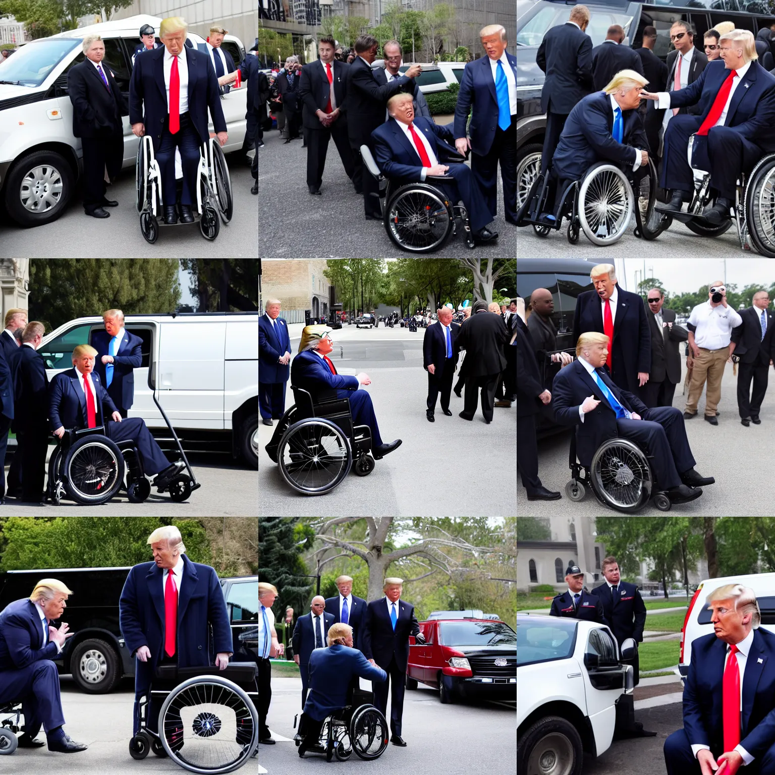 Prompt: donald trump in a wheelchair next to handicap van surrounded by secret service agents, photograph, high resolution, high quality