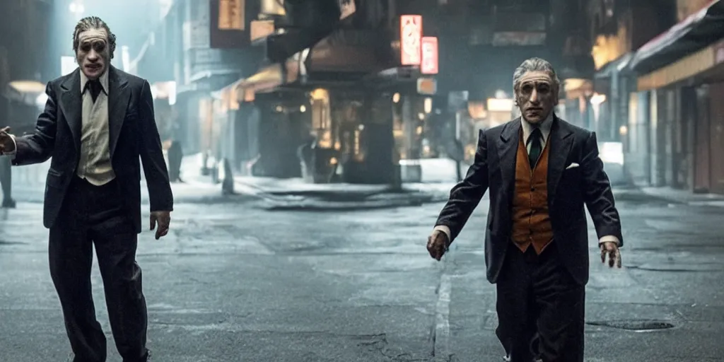 Image similar to Robert DeNiro as Arthur Fleck in 'Joker' (2019), movie still frame, only one person in frame, oscar nominated cinematography, volumetric lighting, 8k resolution, beautiful composition