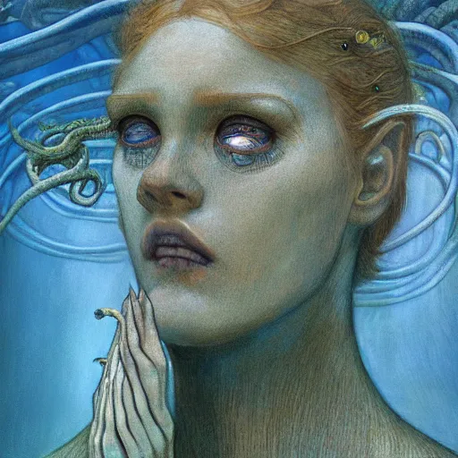 Image similar to eyes, tentacle-enabled underwater human descendant, futuristic painting by jim burns, edward burne-jones, dagon, hd 8k