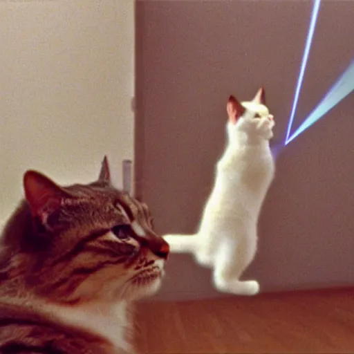 Prompt: Hilarious cat tries to catch a laser dot, VHS tape still, 1993