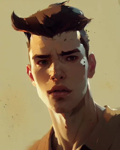 Image similar to hyper - realistic portrait of attractive brunet male by atey ghailan, by greg rutkowski, craig mullins, by greg tocchini, by james gilleard, by joe fenton, by kaethe butcher, dynamic lighting, gradient light yellow, brown, blonde cream and white color scheme, grunge aesthetic