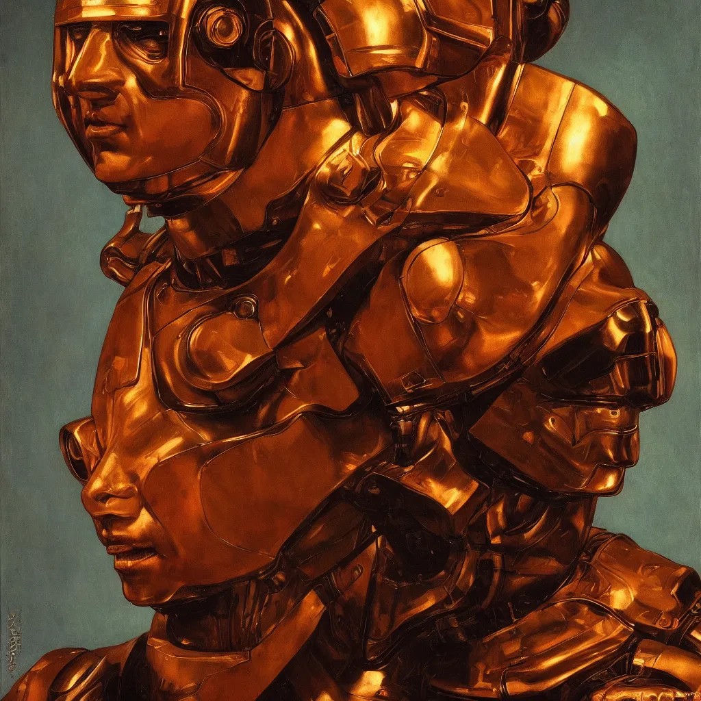 Image similar to cinematic bust portrait of futuristic god robot, part by Norman Rockwell, part by maxfield parrish, detailed,chiaroscuro, oil on canvas, HD, HDR, 4K, 8K , nice colors