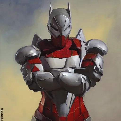 Image similar to greg manchess portrait painting of armored spiderman ultraman grey fox from metal gear cyborg gay japanese - american hybrid as overwatch character, medium shot, asymmetrical, profile picture, organic painting, sunny day, matte painting, bold shapes, hard edges, street art, trending on artstation, by huang guangjian and ail elvgren and sachin teng