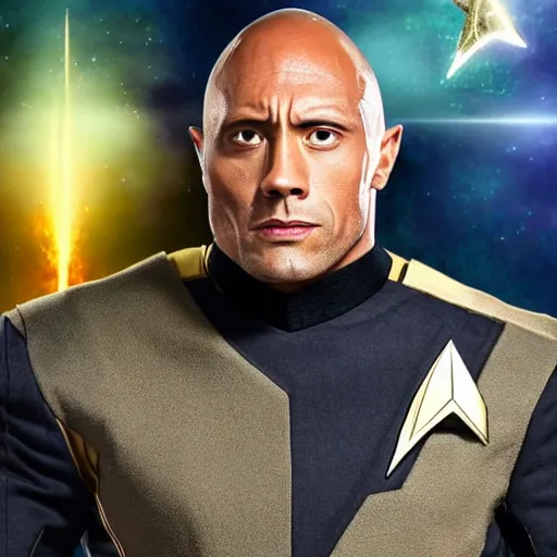 Image similar to a full body portrait of the rock as a star fleet officer from star trek next generation dressed in full uniform, ultra rendered extreme realism and detail, 8 k, highly detailed, realistic, completely framed, hyper realistic, colorful, direct lighting, 3 5 mm photo, photorealistic, sharp focus