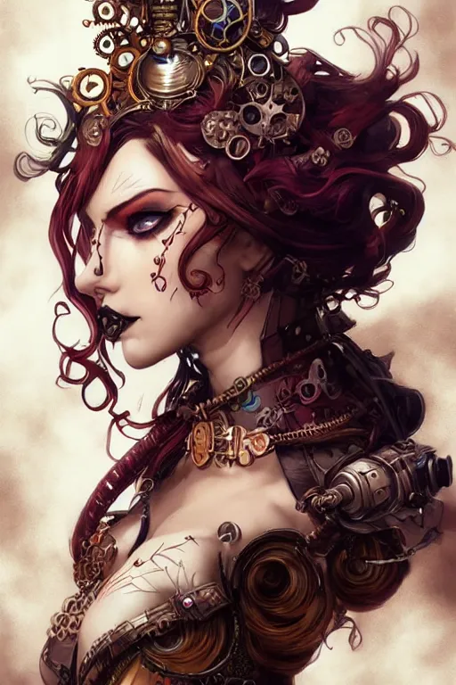Prompt: front-side portrait sensual Lady Mechanika with ginger wavy hair, Intricate, steampunk imagery themed, D&D!, fantasy style, sharp focus!, ultra detailed, art by Artgerm and Peter Andrew Jones, WLUP