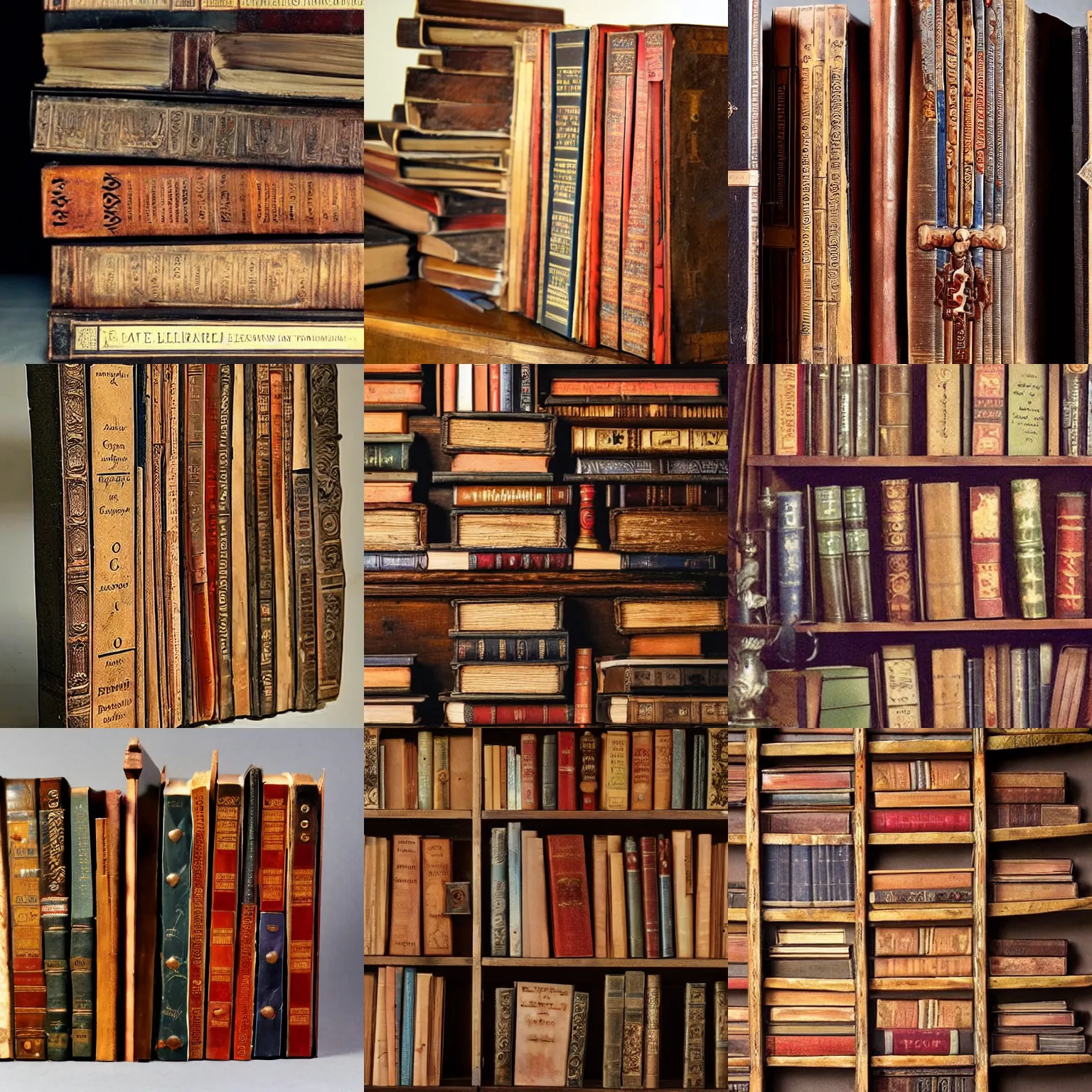 Prompt: vintage photograph of a wooden bookshelf filled with magical grimoires and forbidden tomes and ancient trinkets