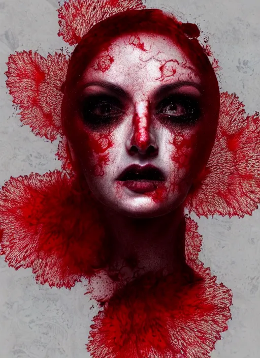 Image similar to dramatic red matte portrait painting of woman with black mandelbrot fractal instead of face, horror, body horror, dark art, 4 k, detailed, realistic, psychotic, insane, crazy, mental illness, dramatic,