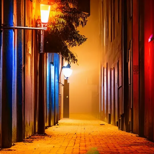 Image similar to empty abandoned city at night, multicolor street lights illuminate a foggy alley, fear