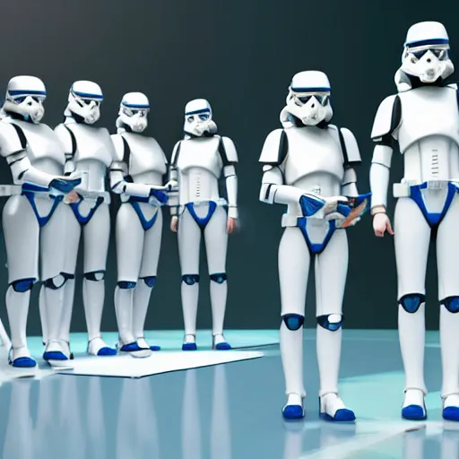 Image similar to troop of very short cloned women with white bob hairdos, tight light blue space trooper suits, standing next to tall scientist looking at a clipboard, futuristic cloning facility, sci - fi, highly detailed, cinematic