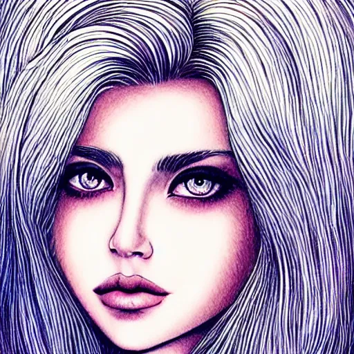 Image similar to beautiful pale blonde with giant soft dreamy liquid eyes. Fine detailed colored ink blotter art.