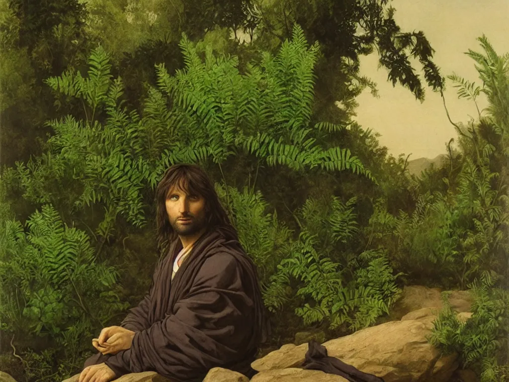 Image similar to portrait of aragorn in a desert oasis, ferns. painting by georges de la tour