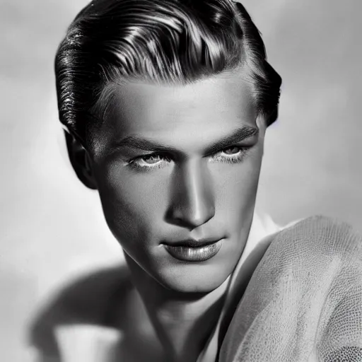 Prompt: a beautiful close - up of a blonde male! actor from the 1 9 3 0 s. high cheekbones. good bone structure. dressed in 1 9 4 0 s style. butterfly lightning. key light sculpting the cheekbones. by george hurrell.