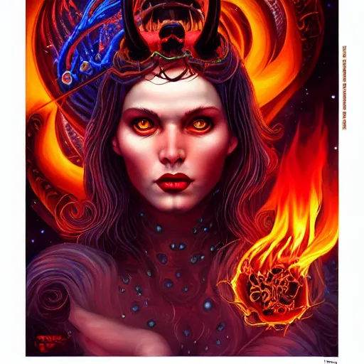 Prompt: cosmic demon lofi queen of hell portrait, fire and flame of hell serpent, Pixar style, by Tristan Eaton Stanley Artgerm and Tom Bagshaw.