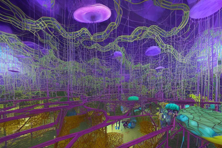 Image similar to favela thick jellyfish cathedral coaster hive, mission arts environment, industrial factory, terrifying, award winning art, epic dreamlike fantasy landscape, ultra realistic,