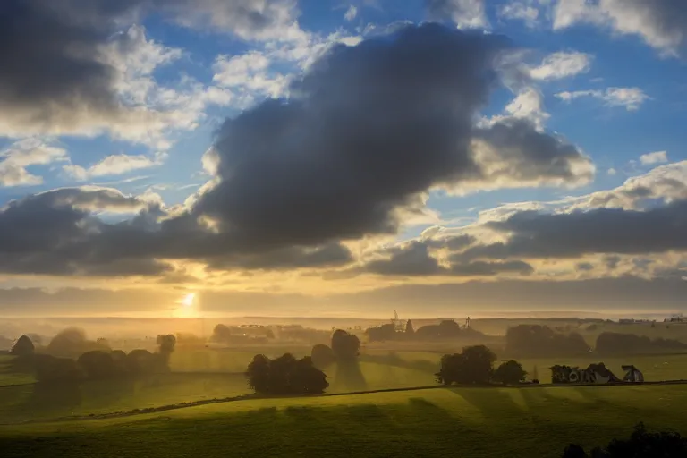 Image similar to A landscape photograph showing the city of Salisbury viewed from Old Sarum at sunrise, lighting by Albert Bierstadt, misty!!!, beautiful light, cinematic, morning light, dawn, English countryside, award winning photography, highly detailed, 24mm, fujifilm