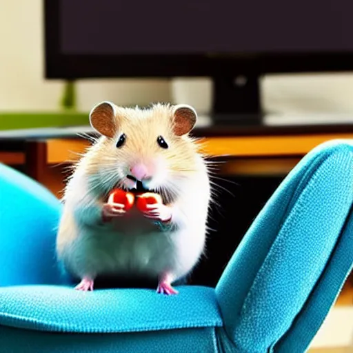 Image similar to hamster playing computer. hamster in gaming headphones. hamster sitting on gaming chair. beside view.