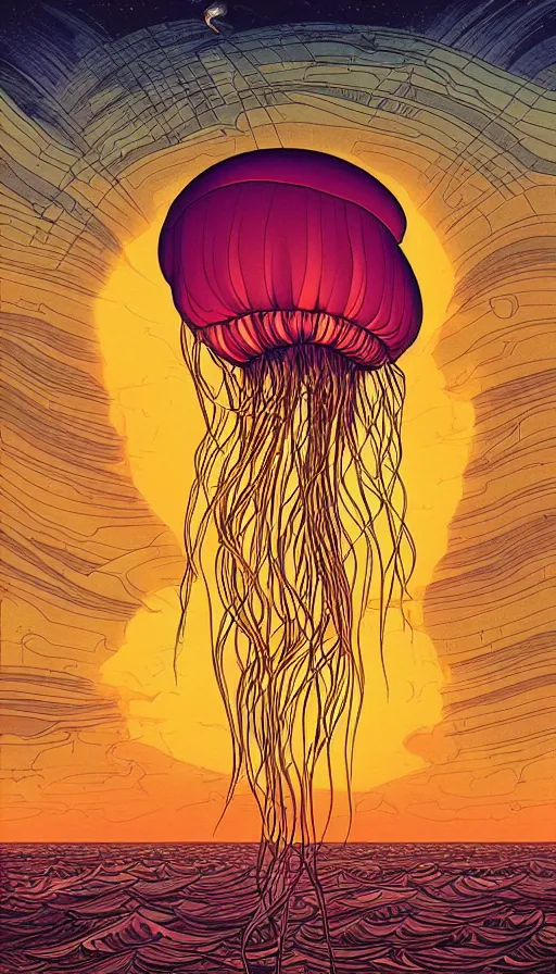 Image similar to The jellyfish of the sunset sky, italian futurism, Dan Mumford, da vinci, Josan Gonzalez